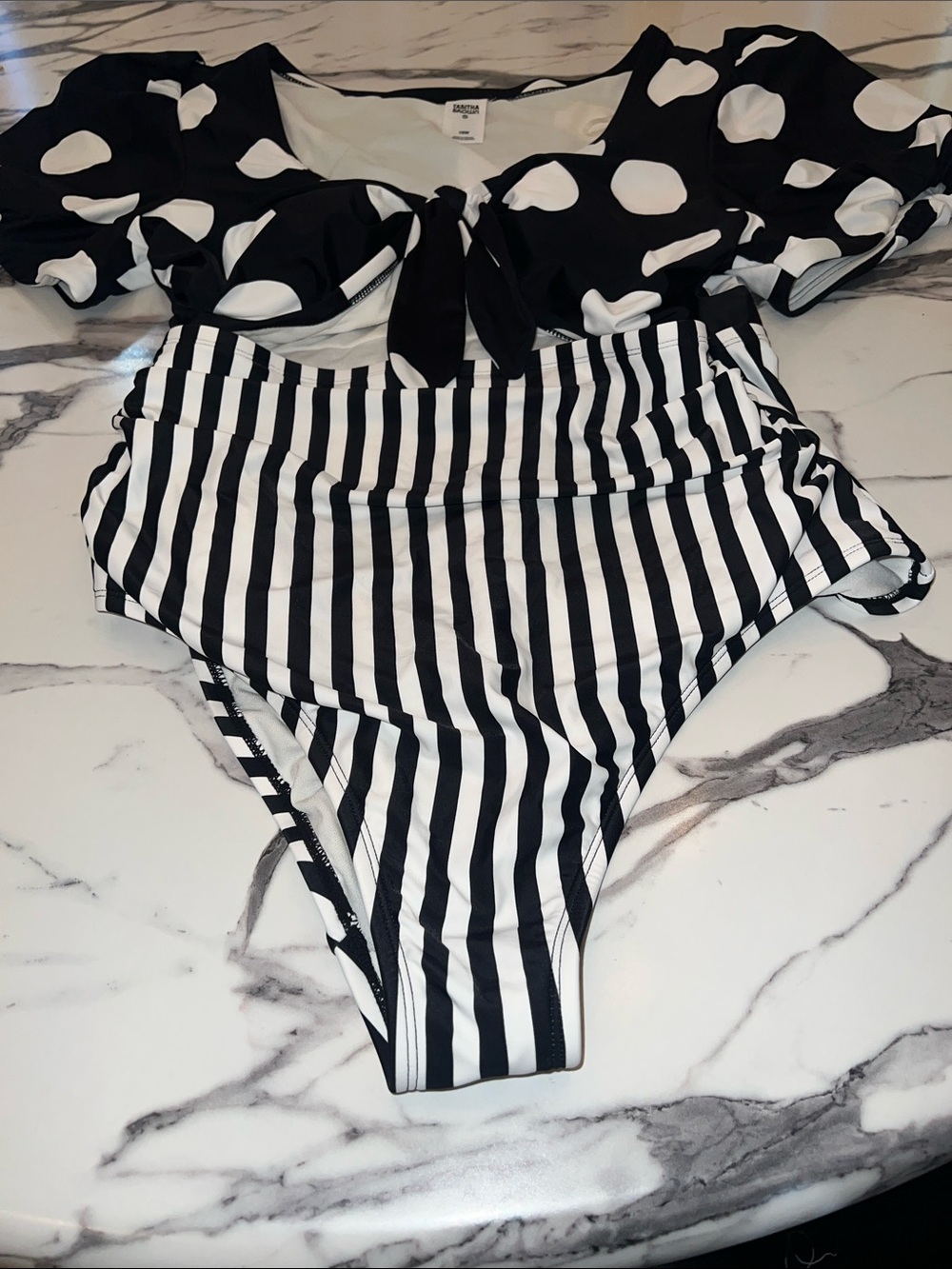 TABITHA BROWN Polka Dot & Stripe Black/White Tie-Front One-Piece Swimsuit - Picture 5 of 9